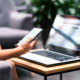 Wireless wifi for remote work in airport lounge bar, hotel lobby or cafe. Phone and laptop. Woman using smartphone and modern notebook pc computer on table. Real estate agent or student reading email.